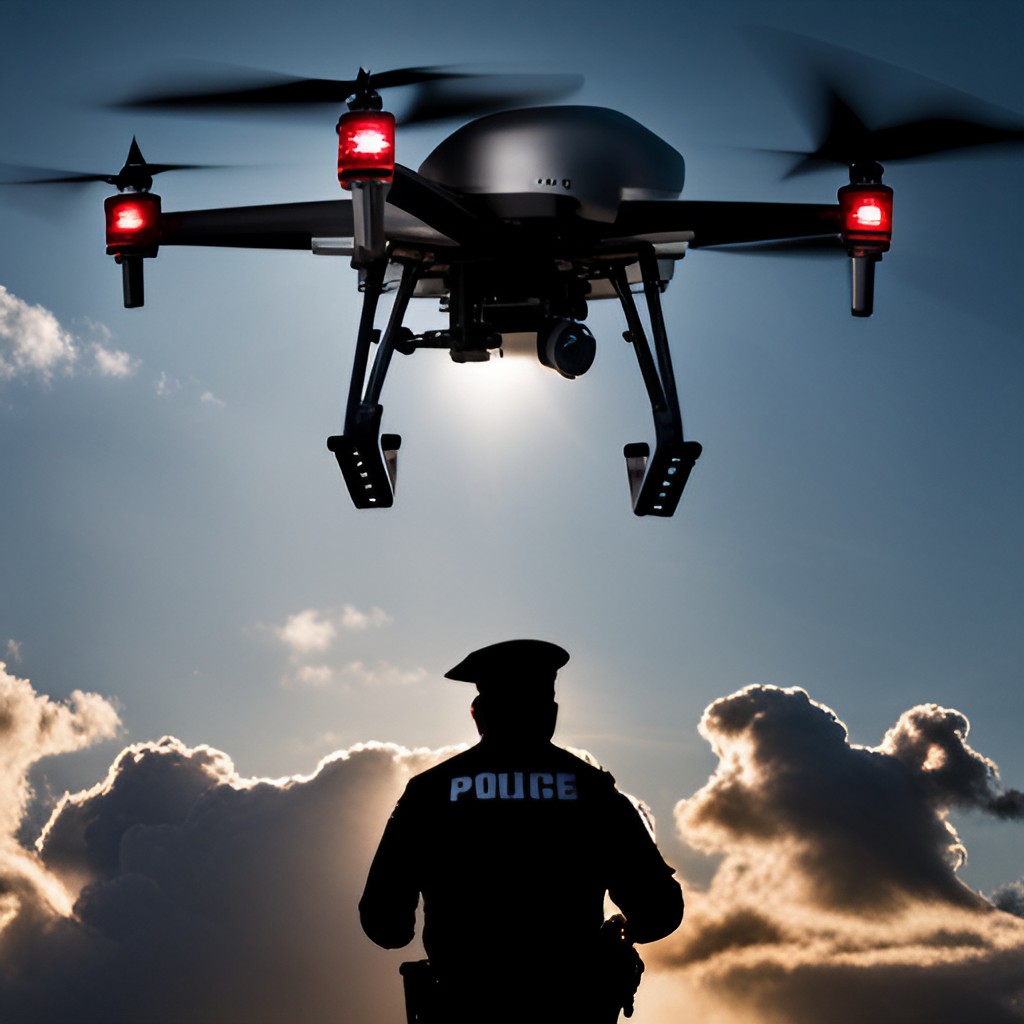Police man watching a drone from ground